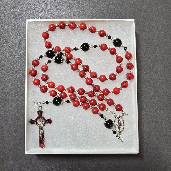 Large One Of A Kind Hand Crafted Rosary Made With Red Turquoise And Onyx - Picture 2 of 3